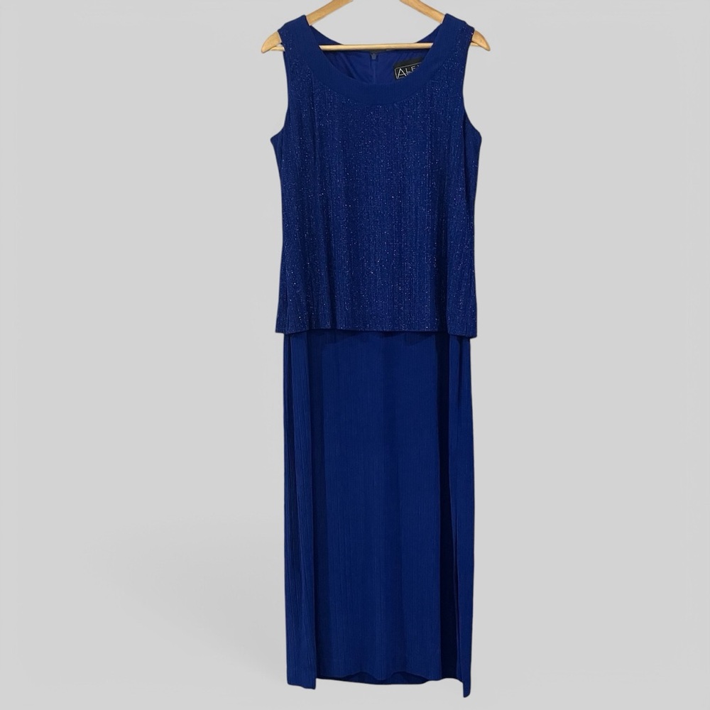 ALEX EVENINGS Shimmer Midi Dress Womens Size 14 Blue Sleeveless Slit